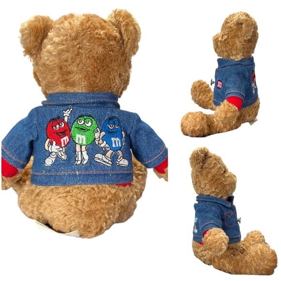 Galerie M&M’s Plush Stuffed Teddy Bear Denim Jacket Embroidered Logo 9” Brown - Picture 2 of 14